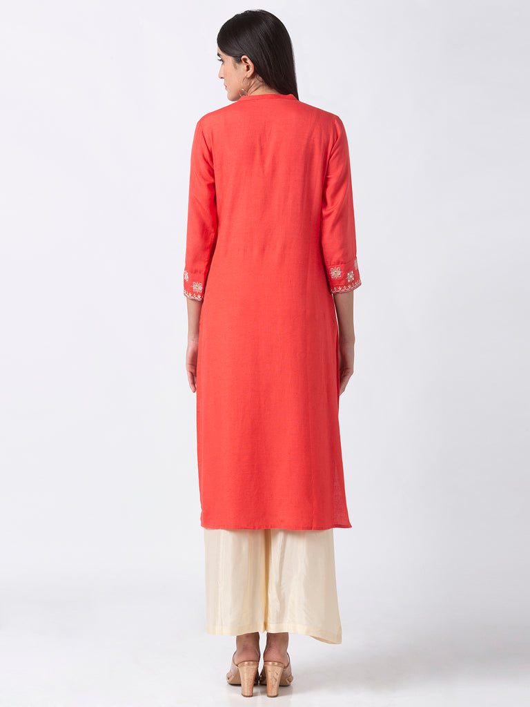 Women Straight Three-Fourth Coral Kurta