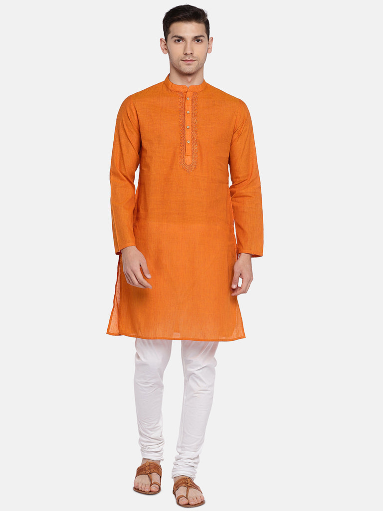 Occassion Men Straight Full Sleeve Orange Kurta