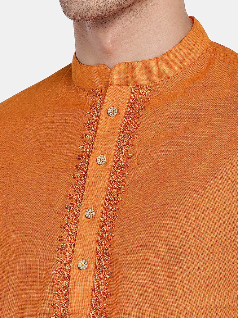 Occassion Men Straight Full Sleeve Orange Kurta