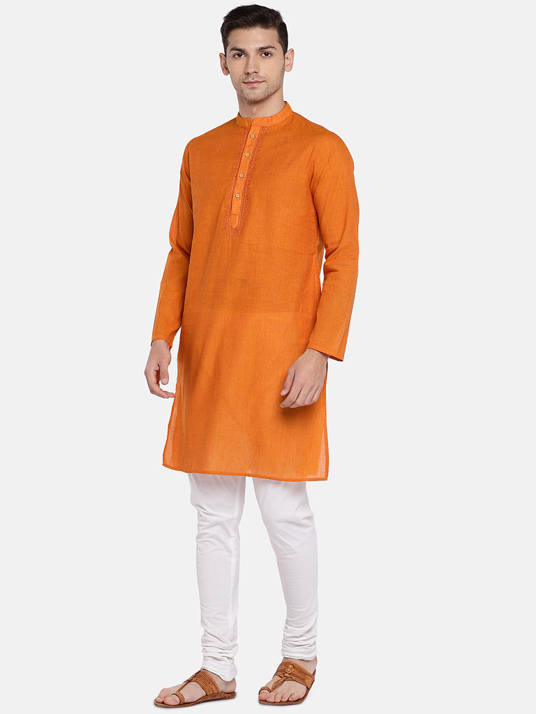 Occassion Men Straight Full Sleeve Orange Kurta