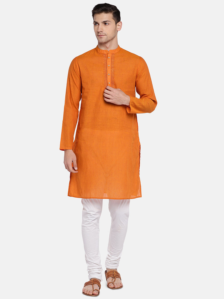 Occassion Men Straight Full Sleeve Orange Kurta