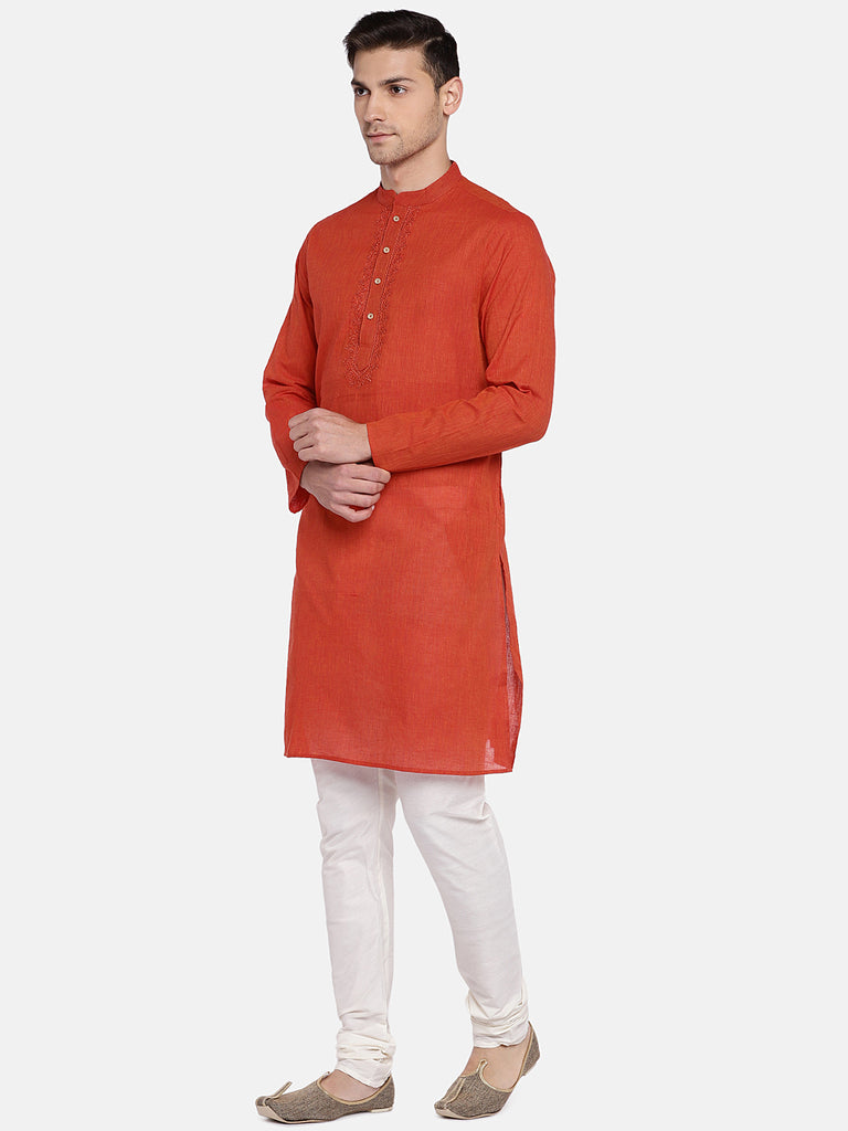 Men Straight Full Sleeve Red Kurta