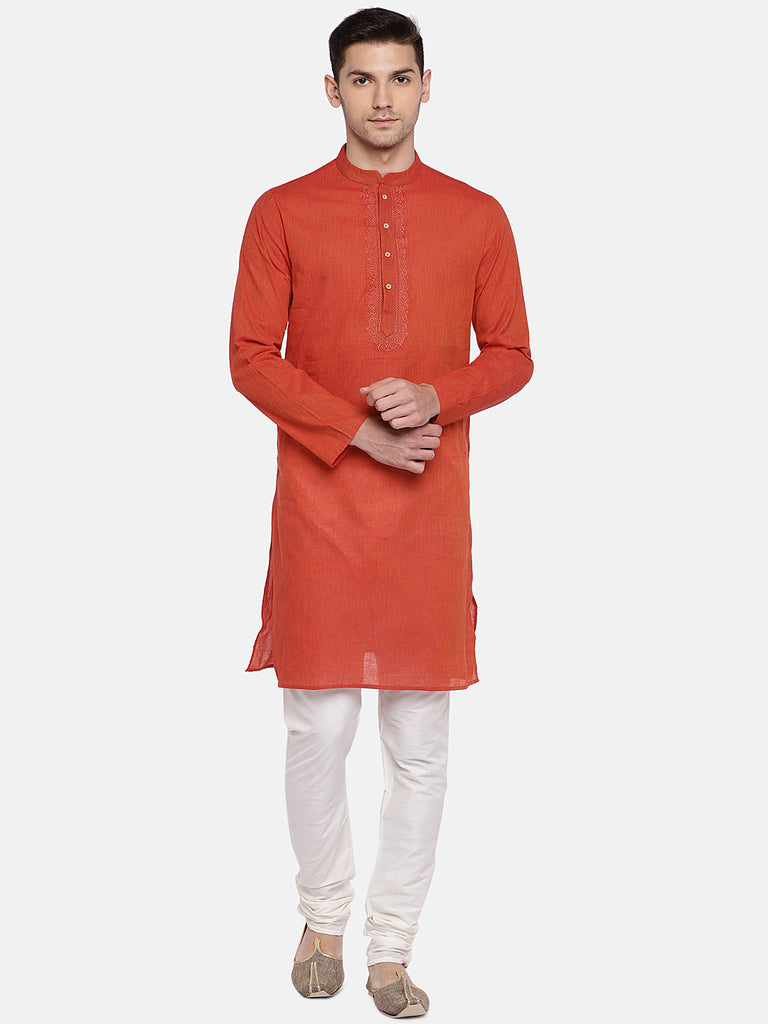 Men Straight Full Sleeve Red Kurta