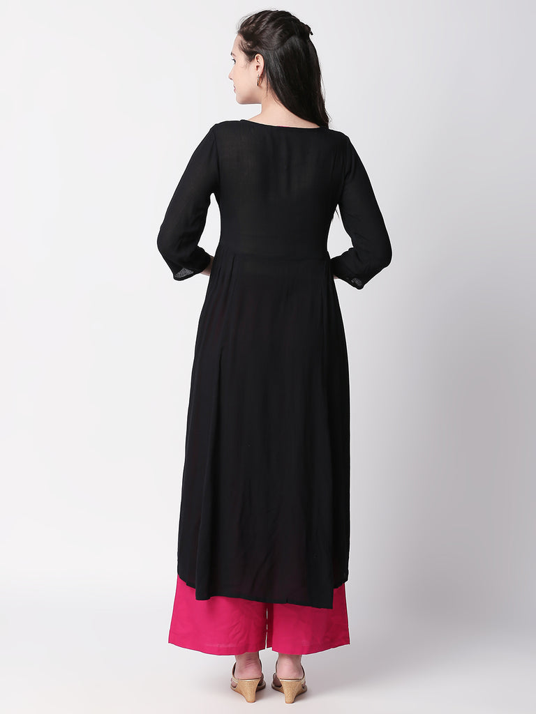 Women Gathered Three-Fourth Black Dress