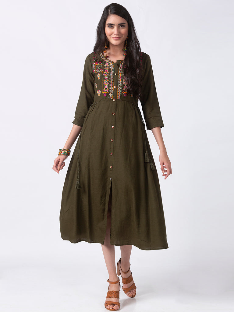 Women Gathered Three-Fourth Olive Kurta