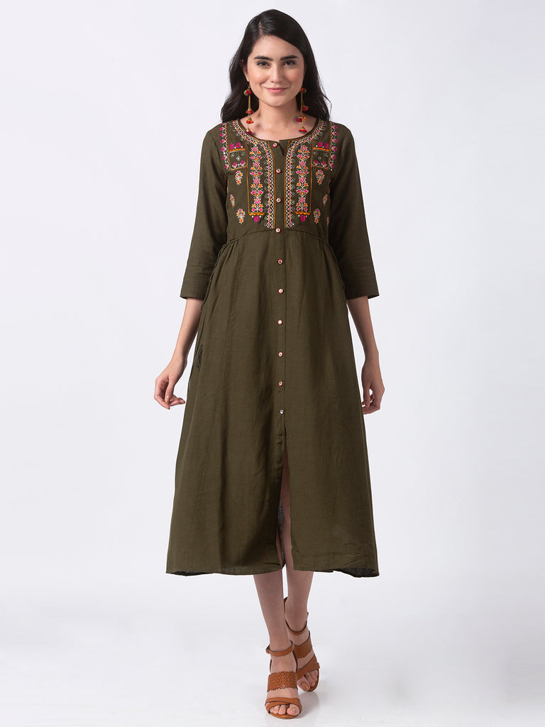 Women Gathered Three-Fourth Olive Kurta