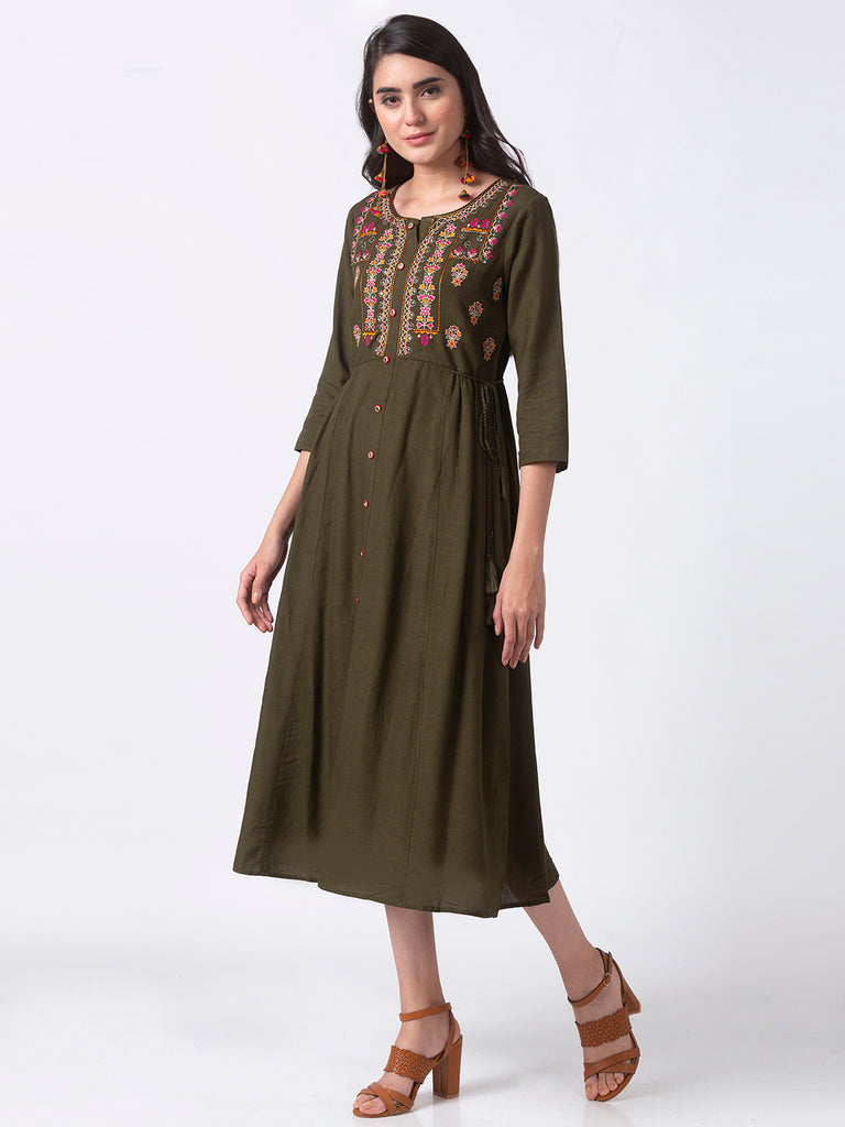 Women Gathered Three-Fourth Olive Kurta