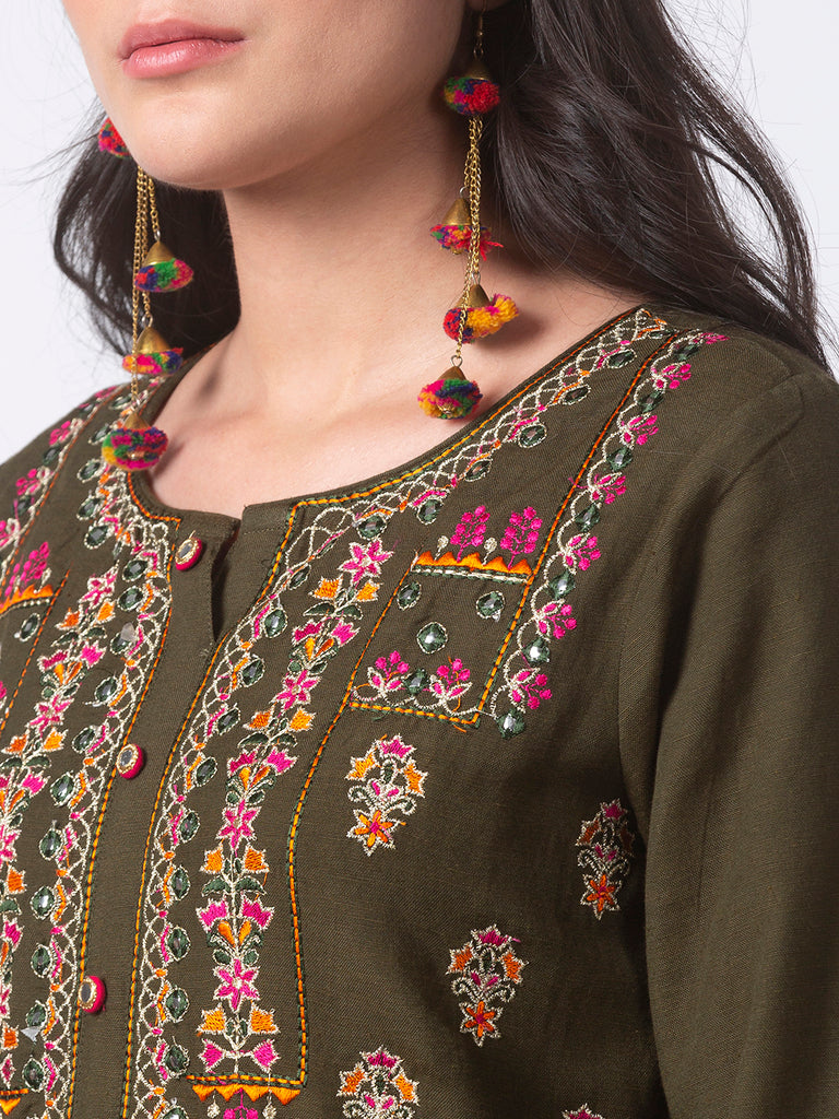 Women Gathered Three-Fourth Olive Kurta