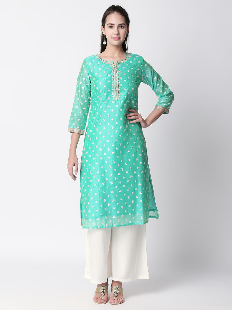 Women Straight Three-Fourth Teal Kurta