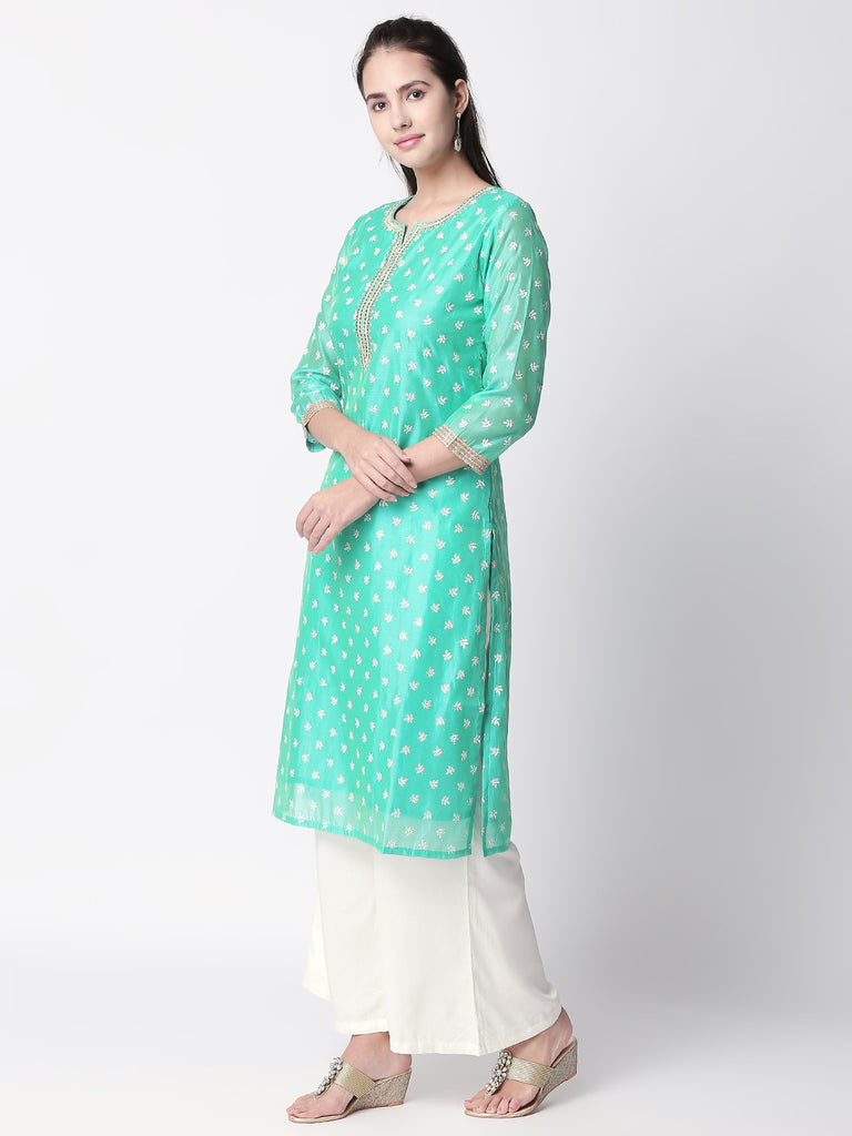 Women Straight Three-Fourth Teal Kurta