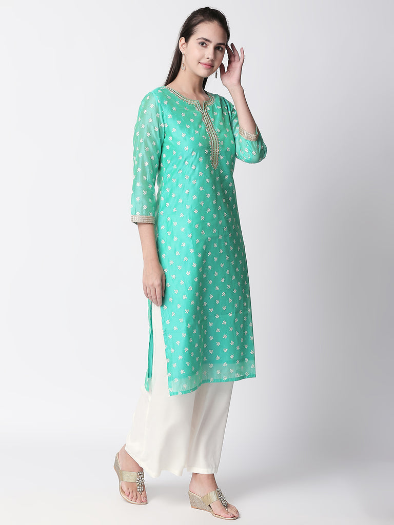 Women Straight Three-Fourth Teal Kurta