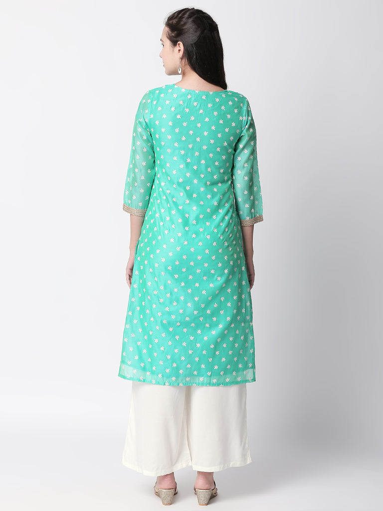 Women Straight Three-Fourth Teal Kurta