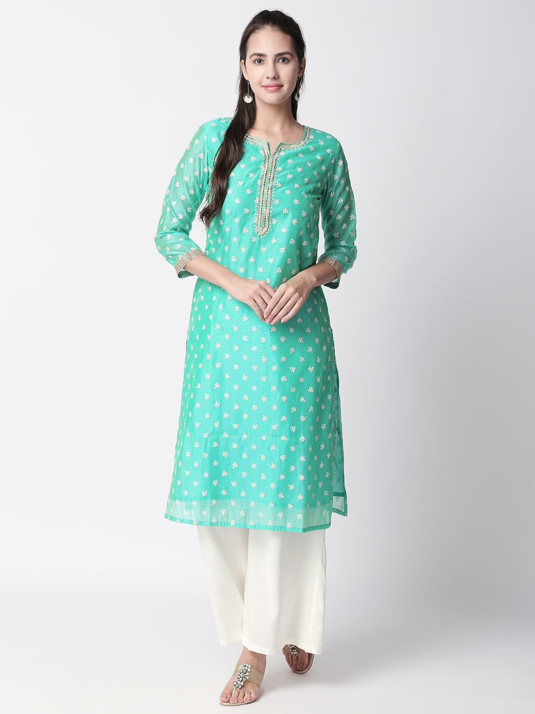 Women Straight Three-Fourth Teal Kurta