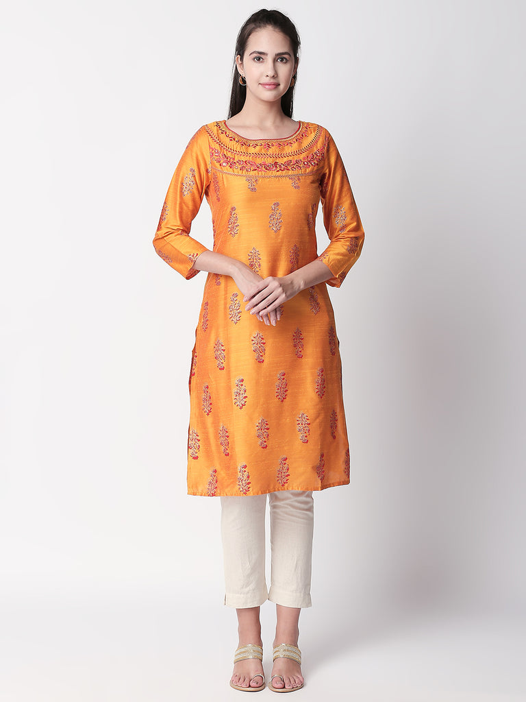 Women Straight Three-Fourth Mustard Kurta