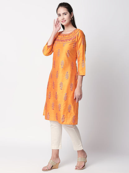 Women Straight Three-Fourth Mustard Kurta