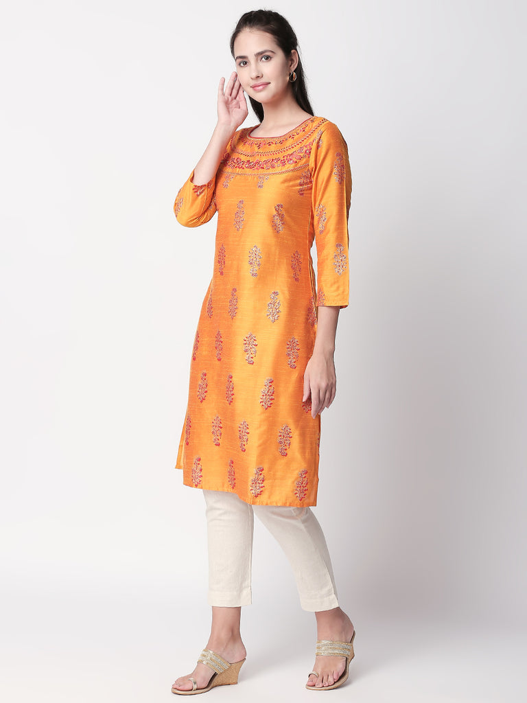 Women Straight Three-Fourth Mustard Kurta