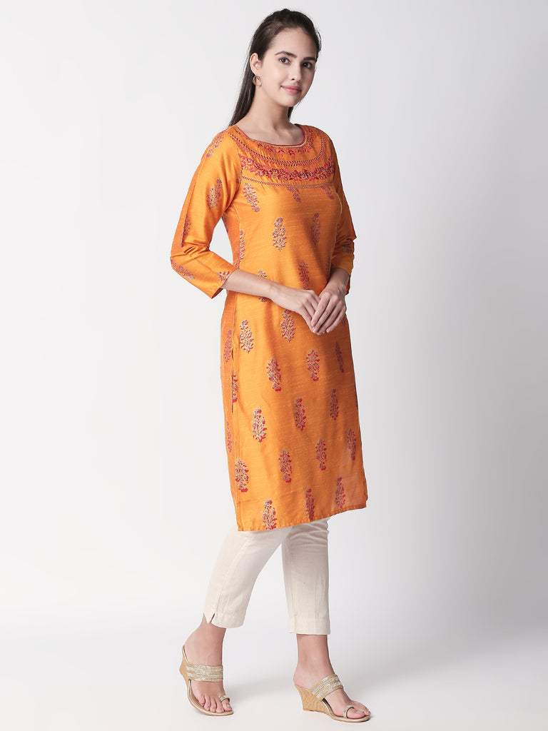 Women Straight Three-Fourth Mustard Kurta