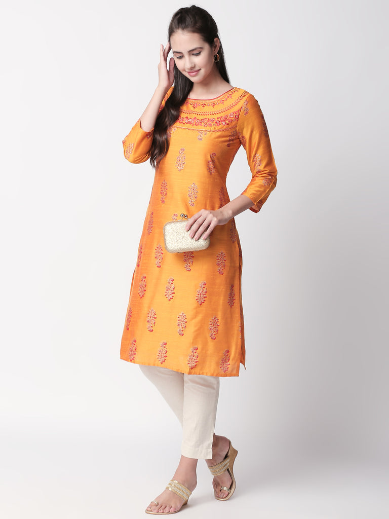 Women Straight Three-Fourth Mustard Kurta