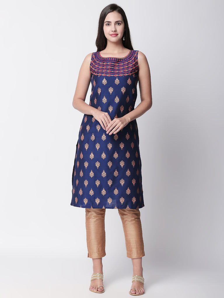 Women Straight Sleeveless Royal Blue Kurta