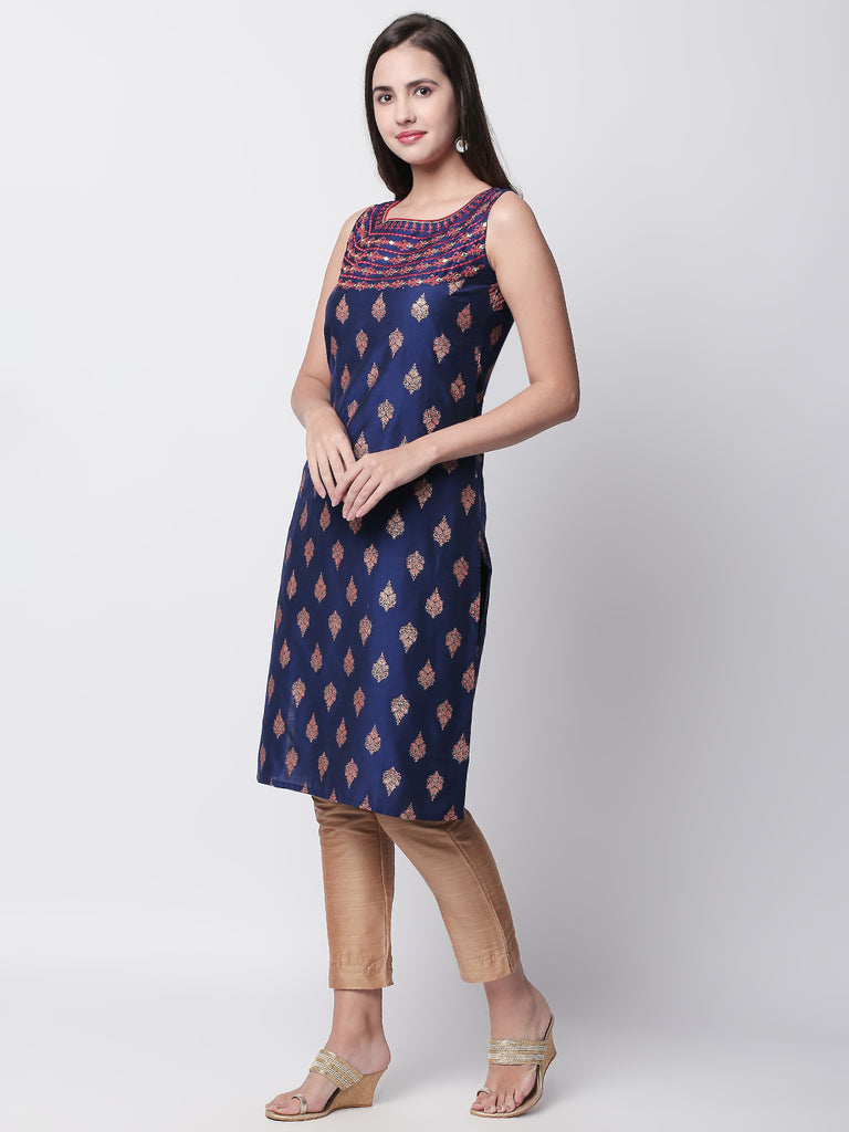 Women Straight Sleeveless Royal Blue Kurta