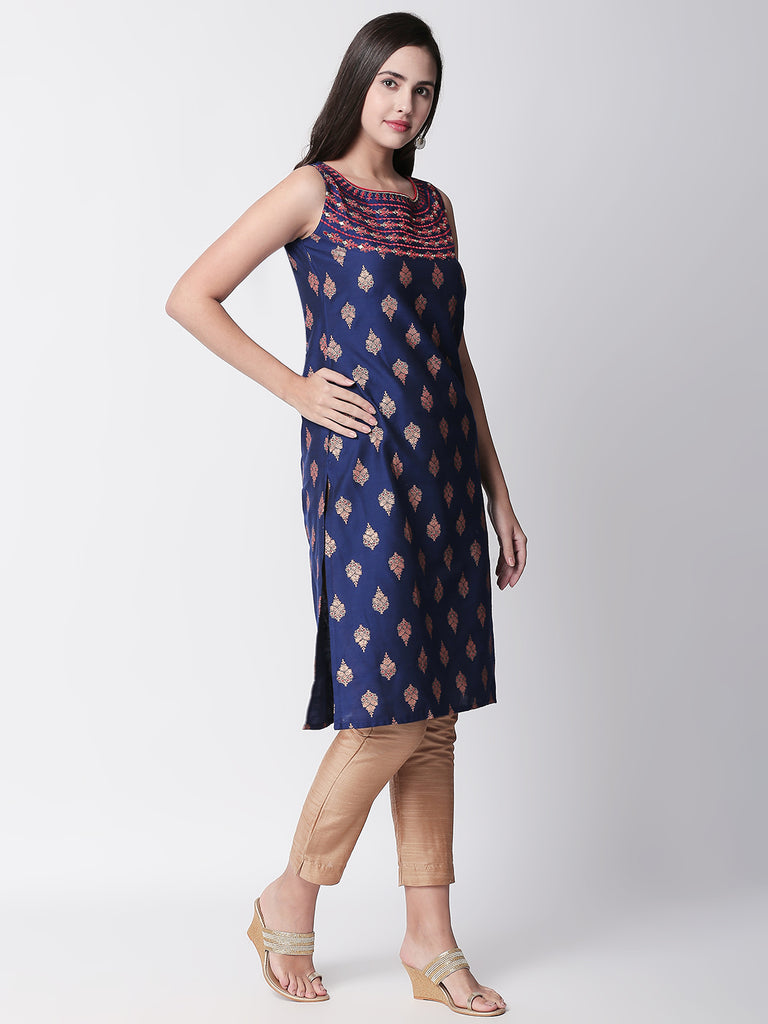 Women Straight Sleeveless Royal Blue Kurta