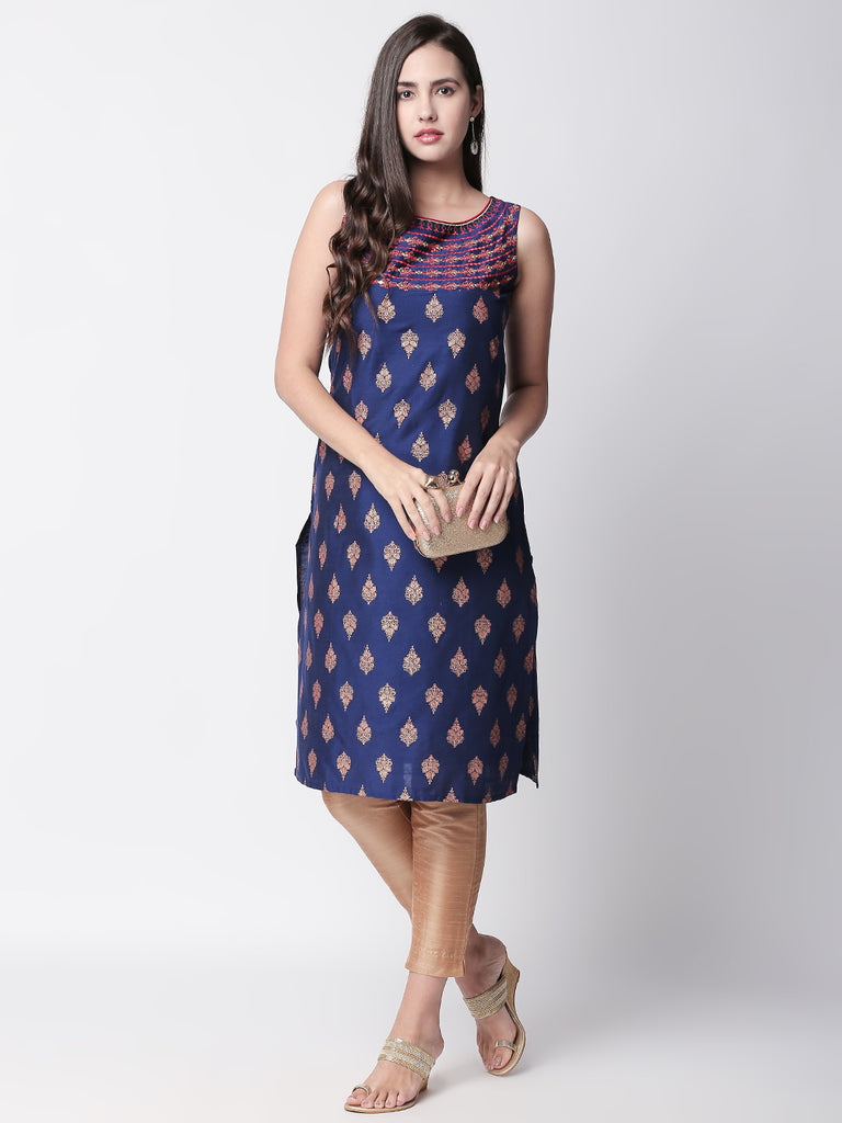 Women Straight Sleeveless Royal Blue Kurta