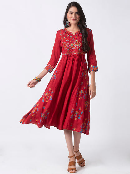 Festive Women Gathered Three-Fourth Red Kurta