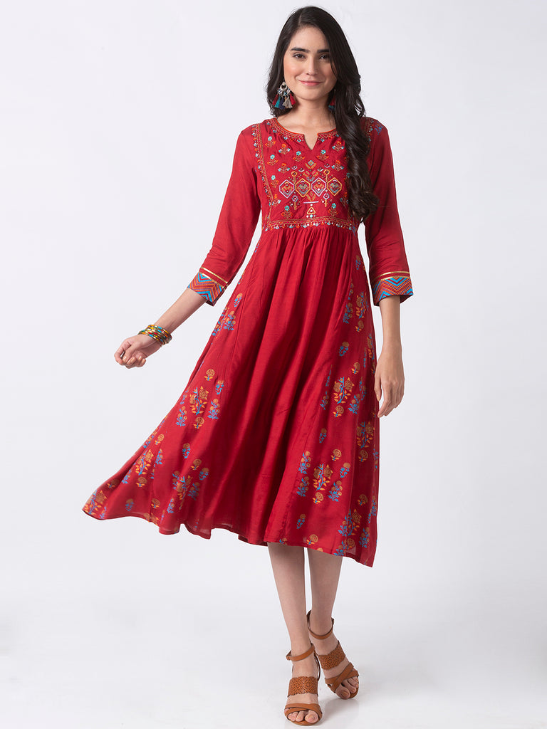 Festive Women Gathered Three-Fourth Red Kurta