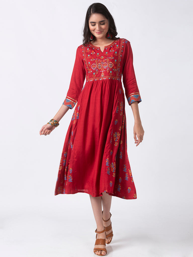 Festive Women Gathered Three-Fourth Red Kurta