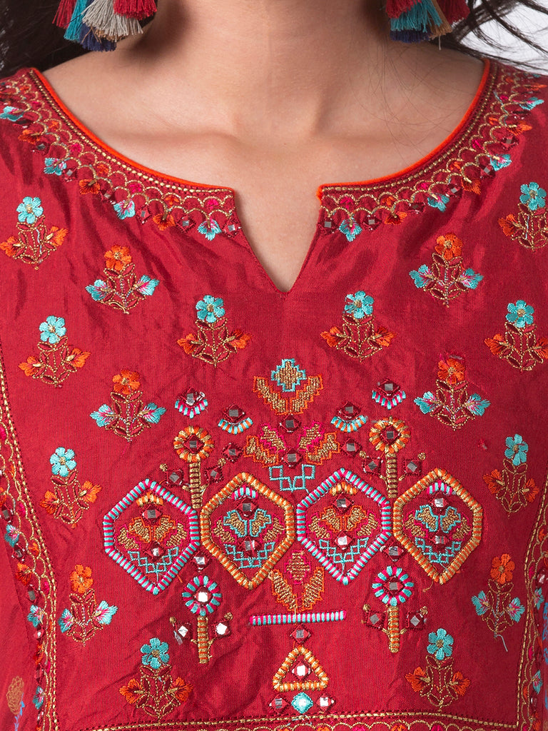 Festive Women Gathered Three-Fourth Red Kurta