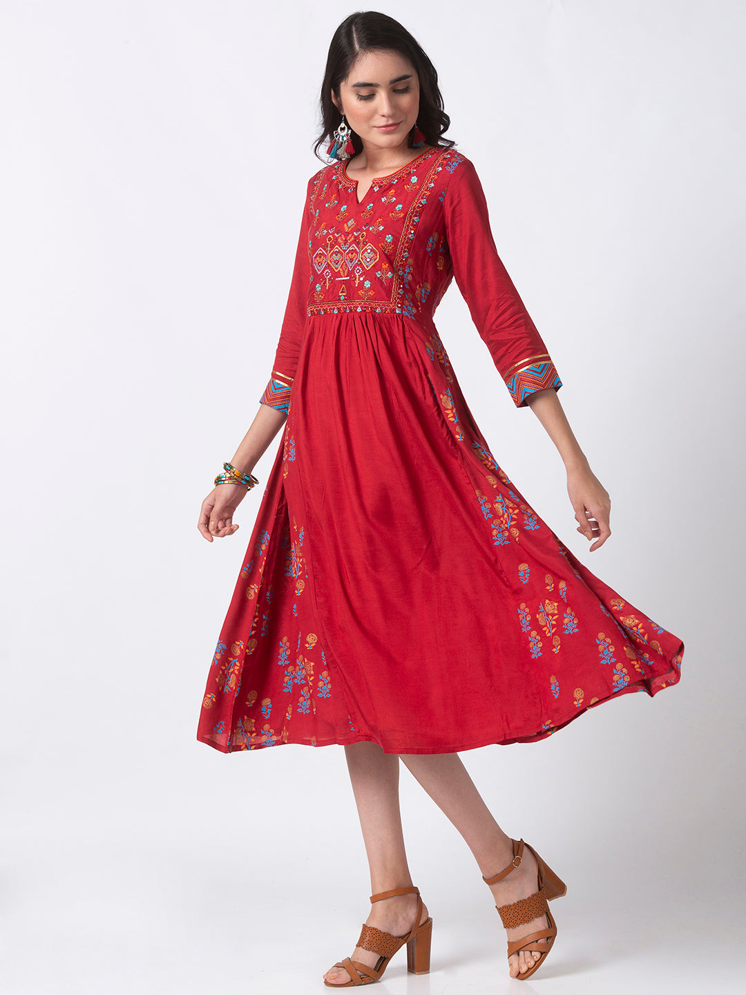 Festive Women Gathered Three-Fourth Red Kurta