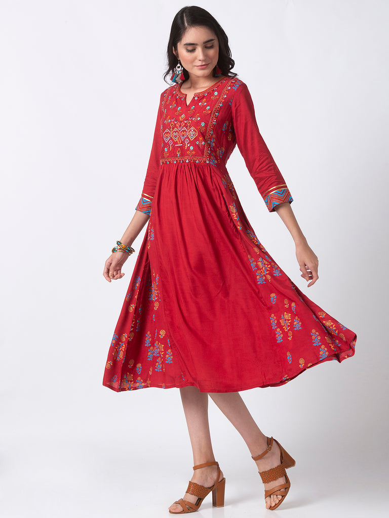 Festive Women Gathered Three-Fourth Red Kurta