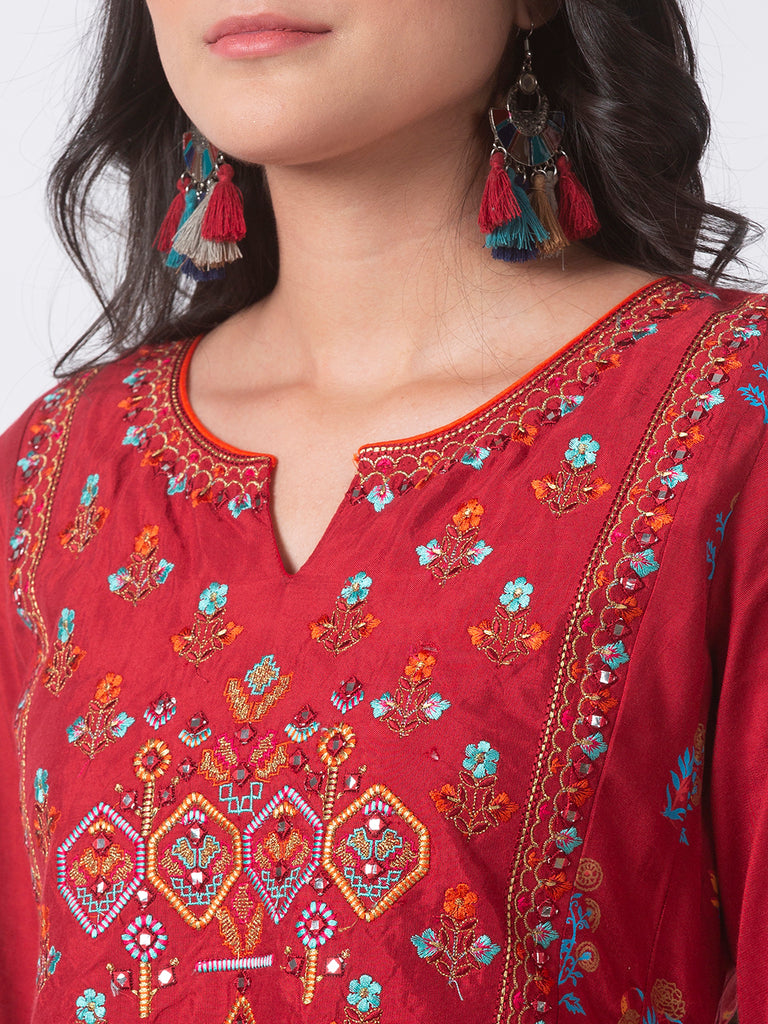 Festive Women Gathered Three-Fourth Red Kurta