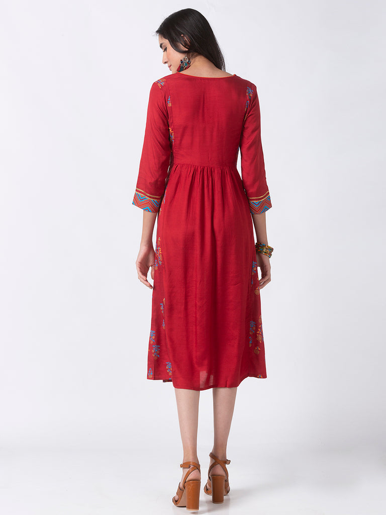 Festive Women Gathered Three-Fourth Red Kurta