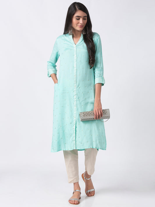 Women Straight Three-Fourth Skyblue Kurta