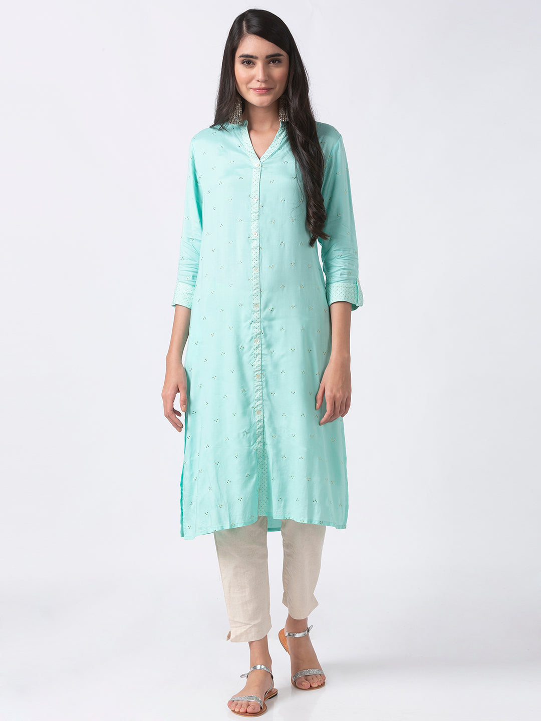 Women Straight Three-Fourth Skyblue Kurta