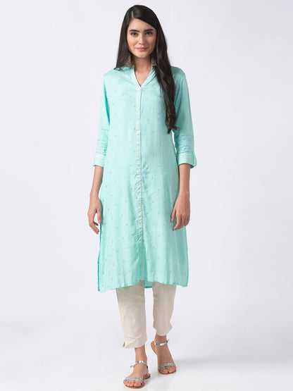 Women Straight Three-Fourth Skyblue Kurta
