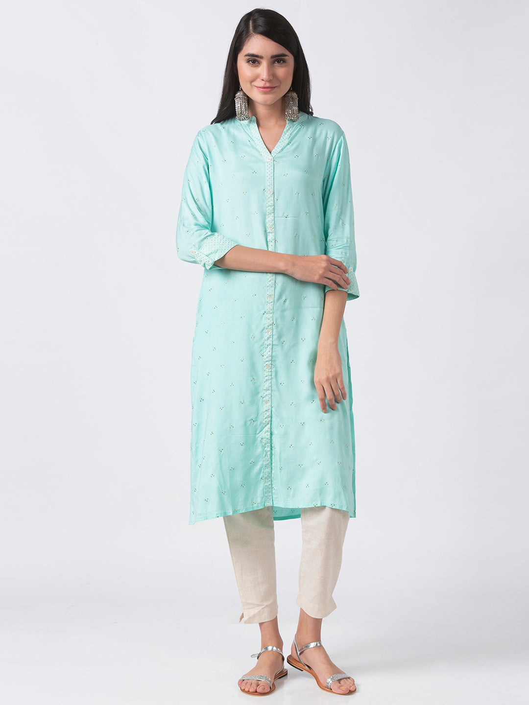 Women Straight Three-Fourth Skyblue Kurta