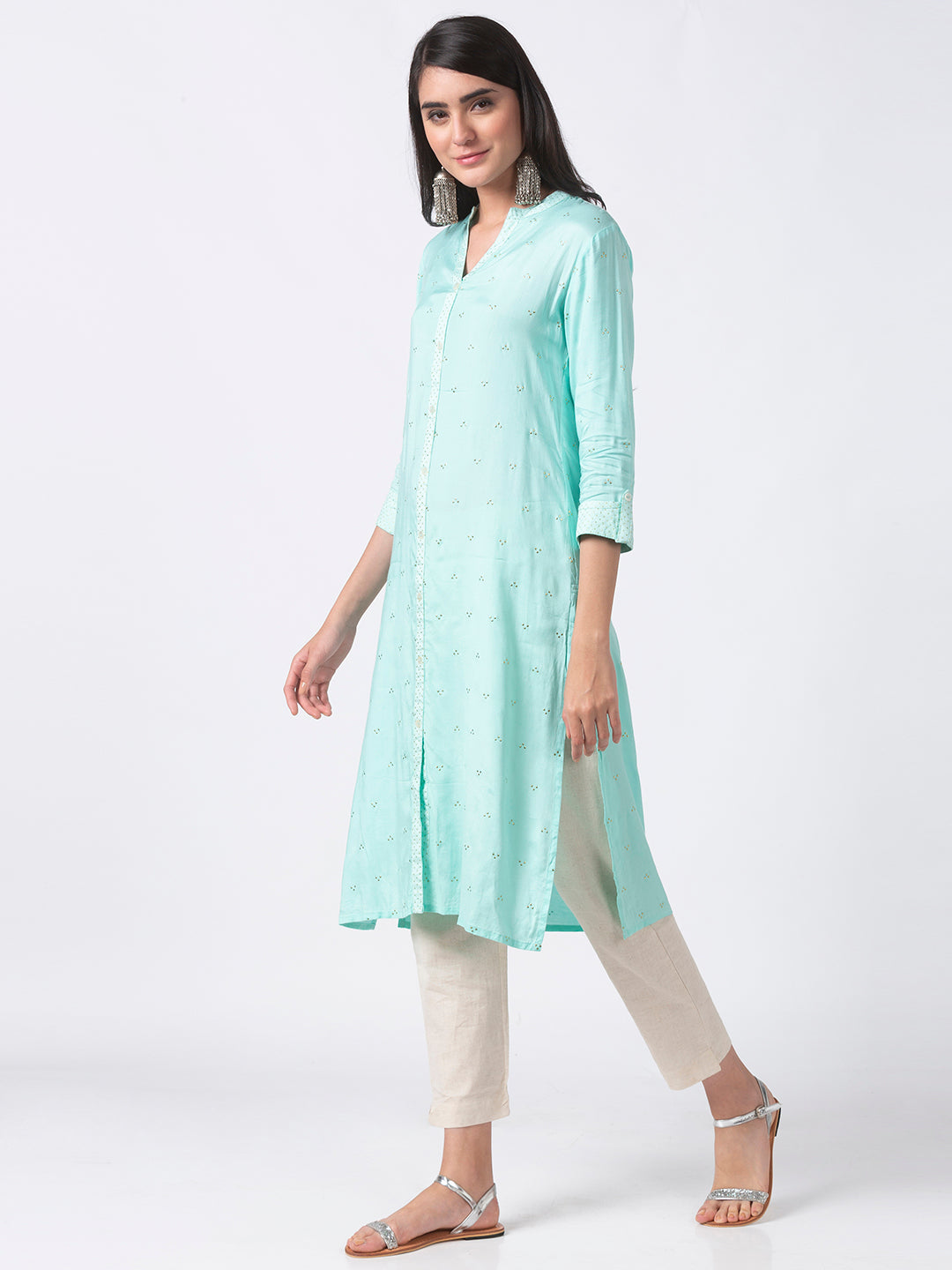 Women Straight Three-Fourth Skyblue Kurta