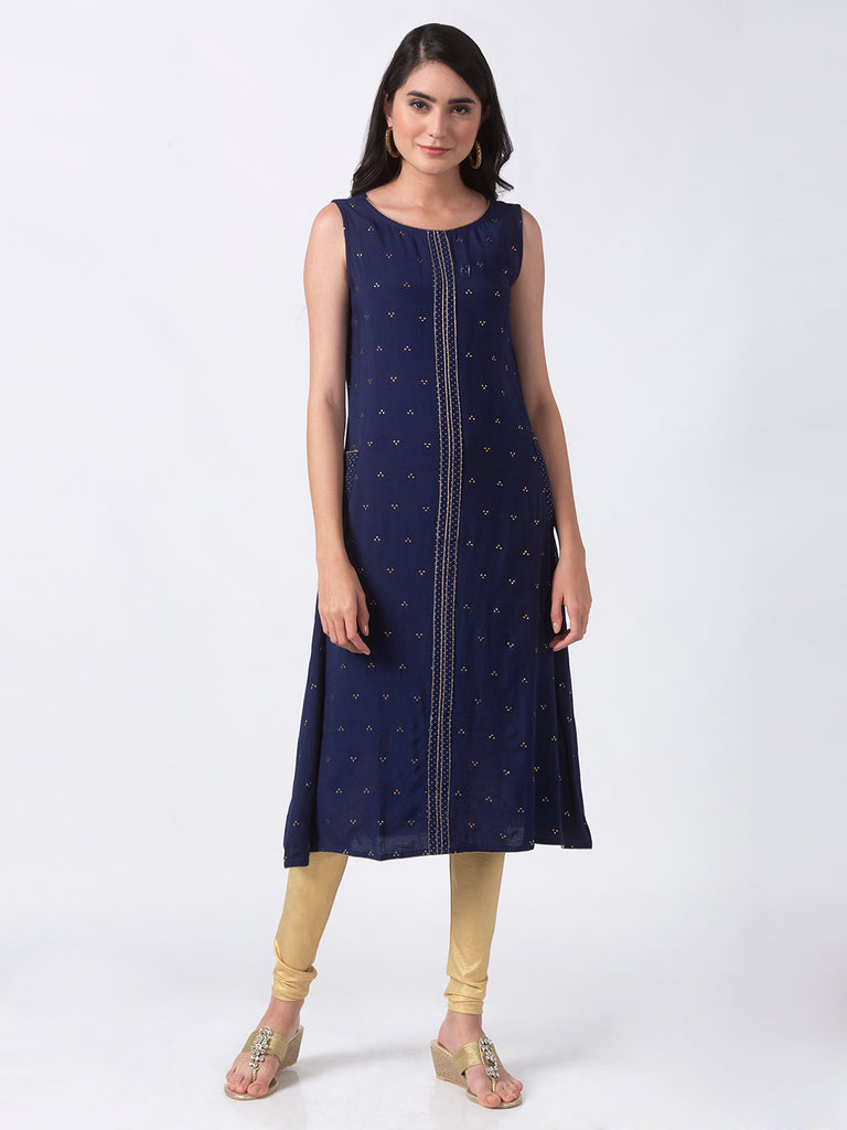 Women Aline Sleeveless Navy Kurta