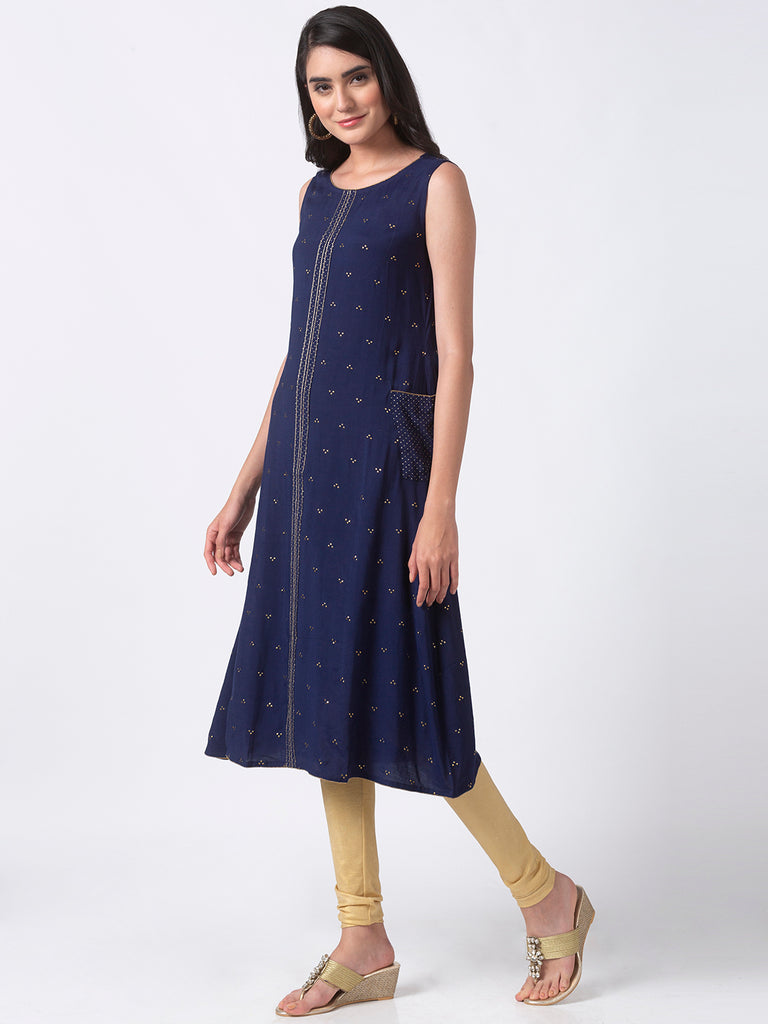 Women Aline Sleeveless Navy Kurta