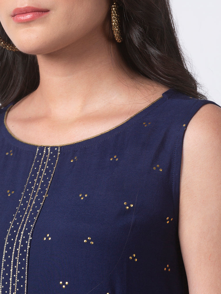 Women Aline Sleeveless Navy Kurta