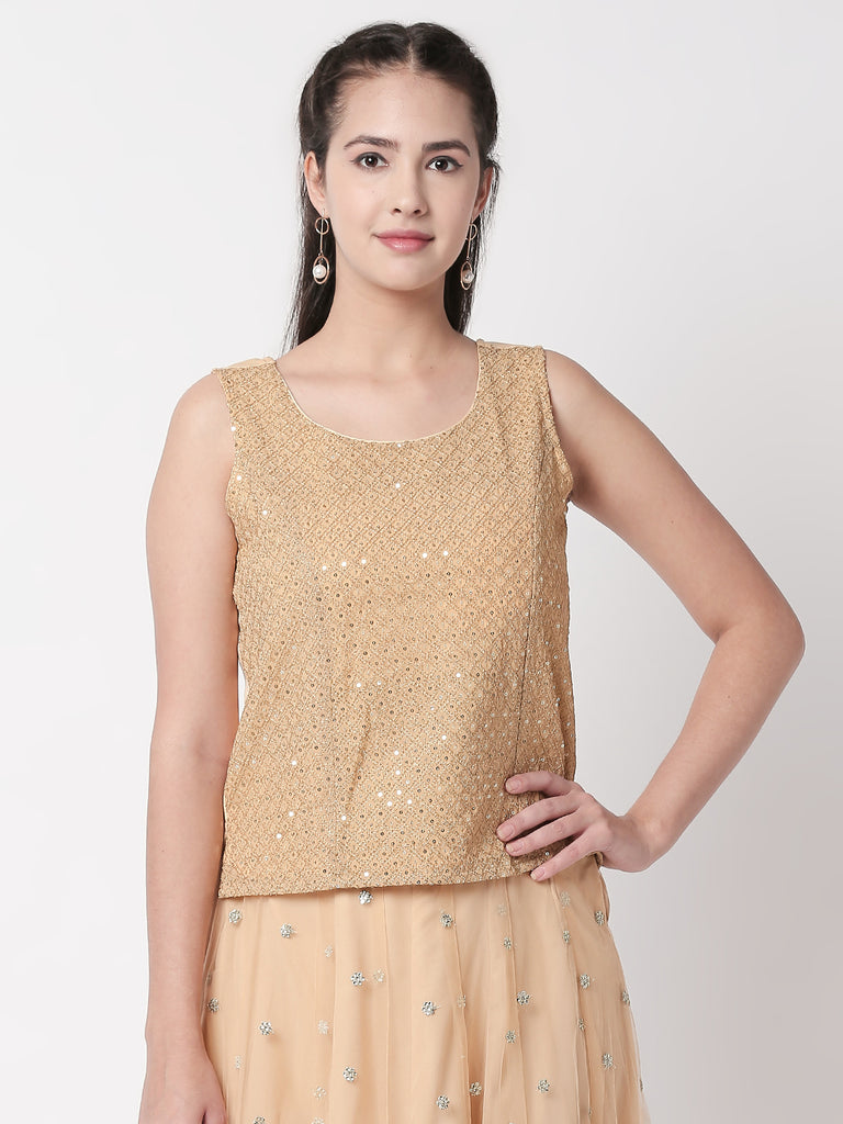 Women Straight Sleeveless Gold Crop Top