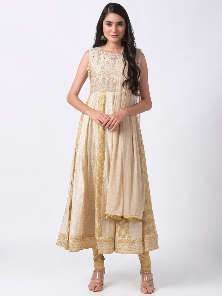 Festive Women Kalidar Sleeveless Beige Kd Set