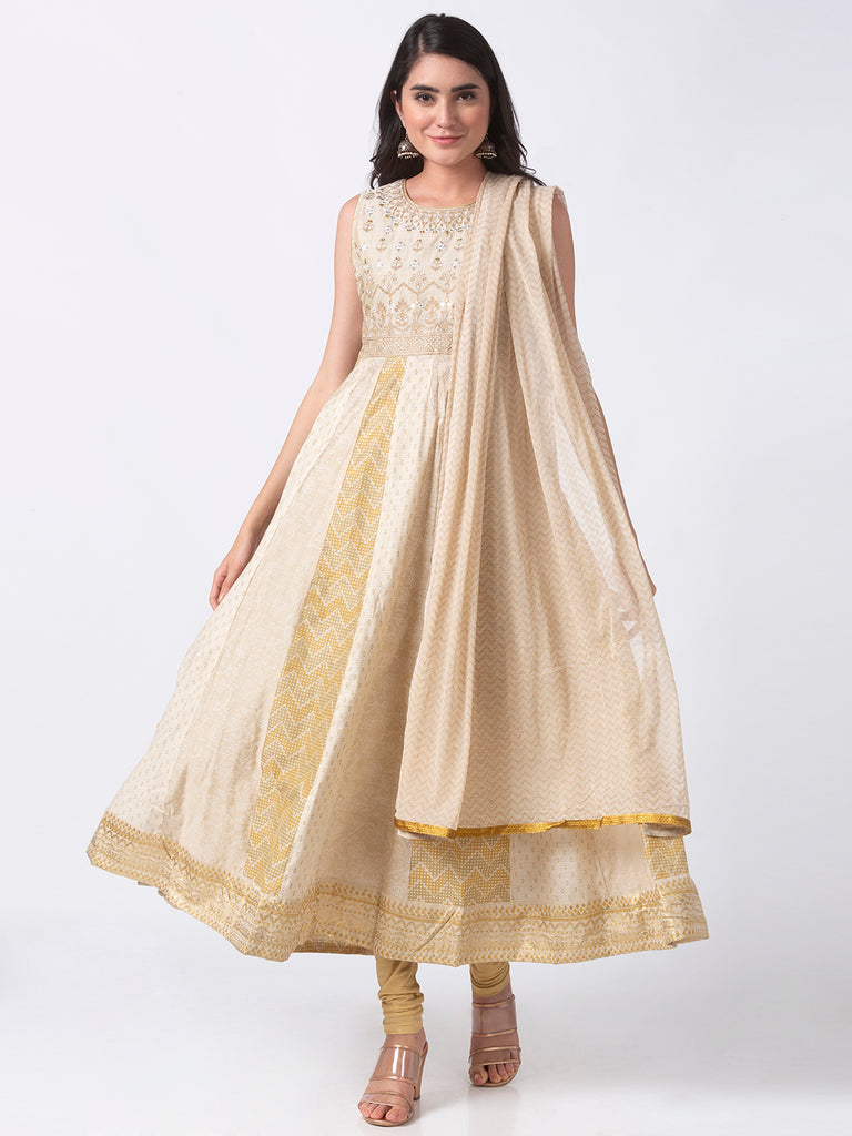 Festive Women Kalidar Sleeveless Beige Kd Set