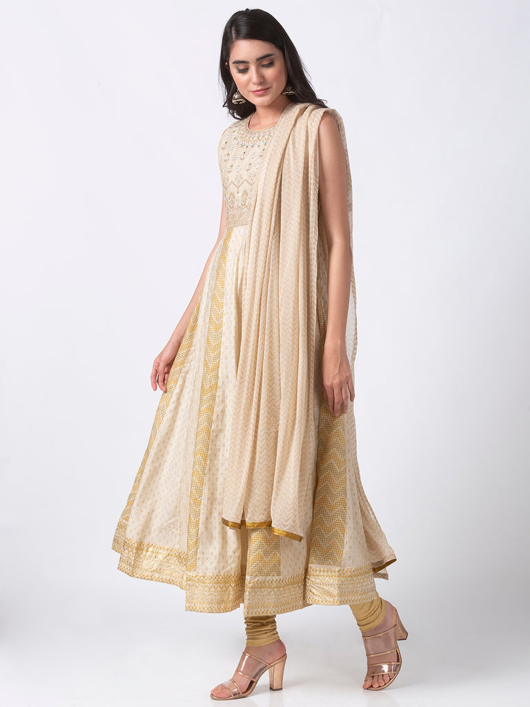 Festive Women Kalidar Sleeveless Beige Kd Set