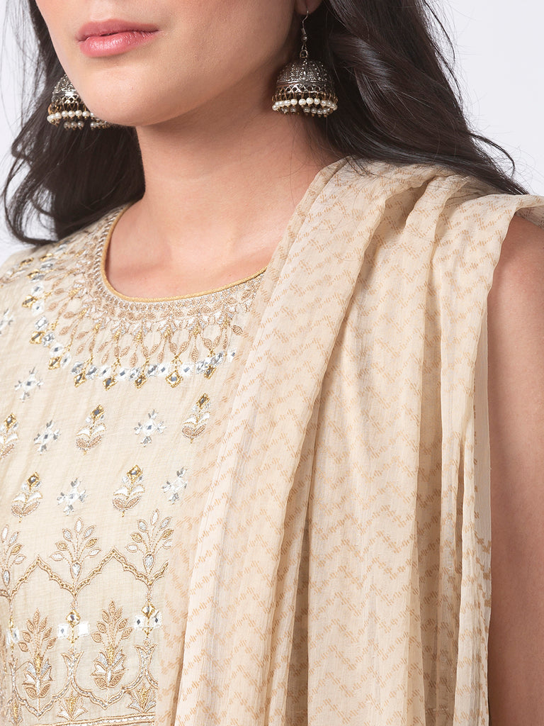 Festive Women Kalidar Sleeveless Beige Kd Set