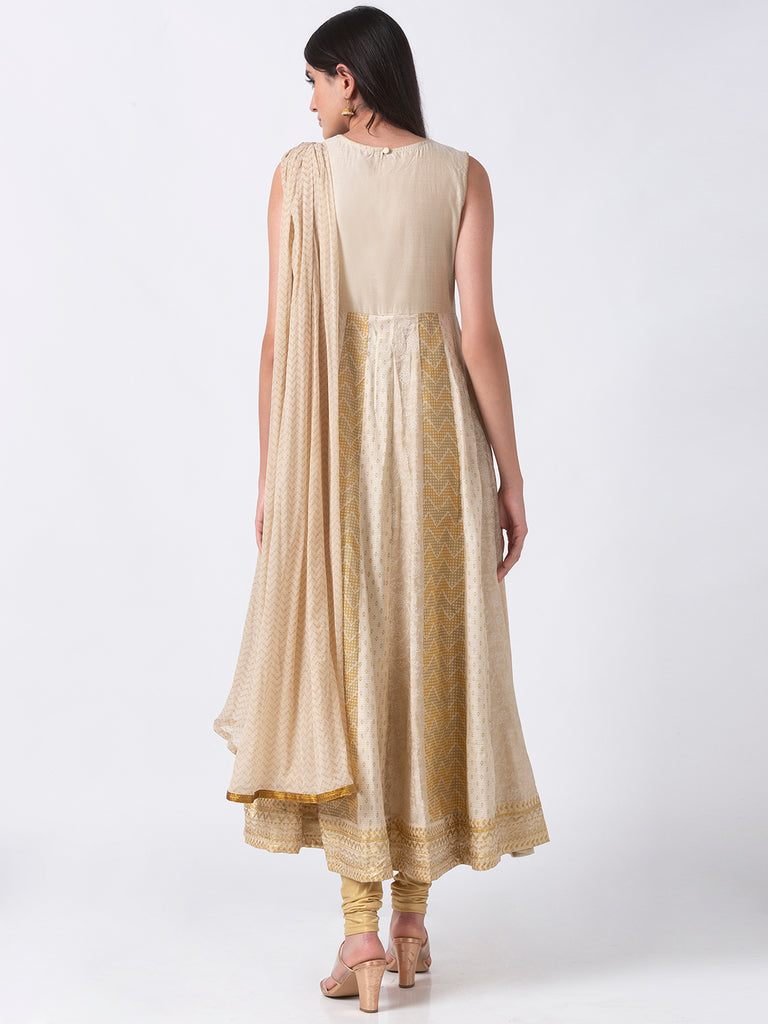 Festive Women Kalidar Sleeveless Beige Kd Set