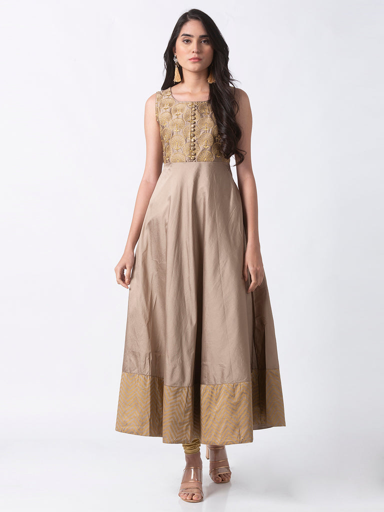 Festive Women Gathered Sleeveless Beige Gown