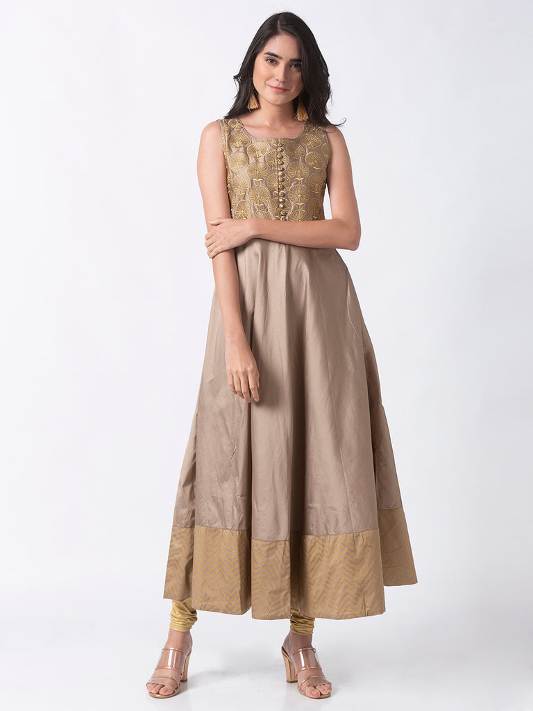 Festive Women Gathered Sleeveless Beige Gown